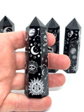 Black Obsidian Generator Point - Silver Celestial Pattern