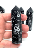 Black Obsidian Generator Point - Silver Celestial Pattern