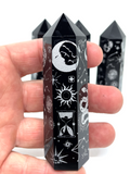 Black Obsidian Generator Point - Silver Celestial Pattern