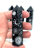 Black Obsidian Generator Point - Silver Celestial Pattern