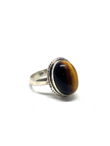 Gold Tiger Eye Oval Sterling Silver Ring #309 - Size 7