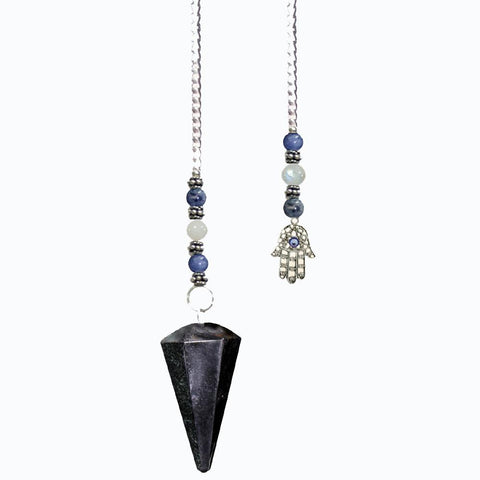 Blue Tiger Eye Faceted Pendulum with Hamsa