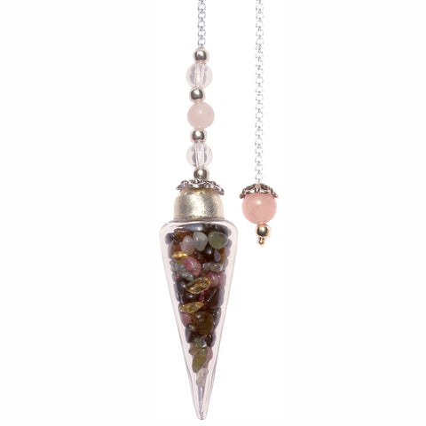 Rainbow Tourmaline Chips in Glass Teardrop Pendulum