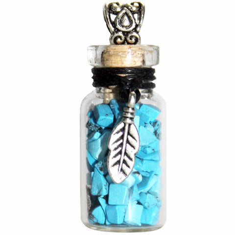Turquoise in Glass Bottle with Feather Charm Necklace - Dream Protection