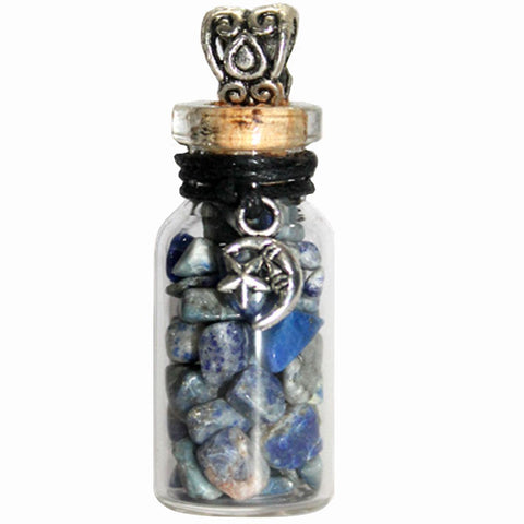 Sodalite in Glass Bottle with Moon & Star Charm Necklace - Connection to Heaven