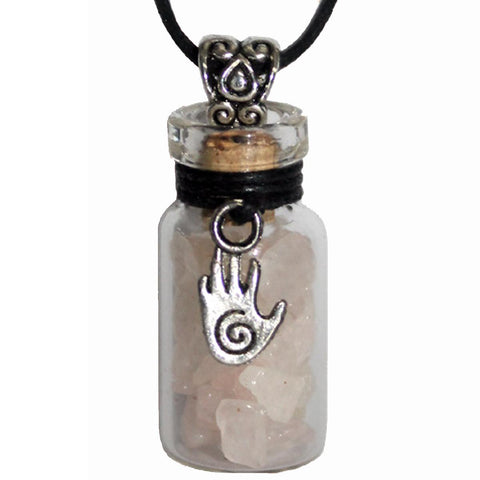 Rose Quartz in Glass Bottle with Spiral Hand Charm Necklace - Healing