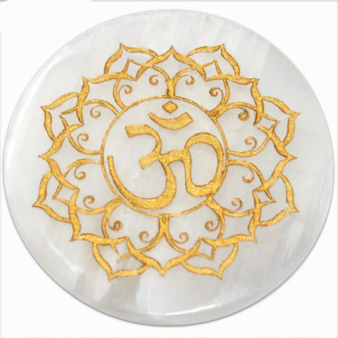 Selenite Om in Lotus Gold Engraved Incense Holder 9.5cm
