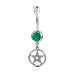 Sterling Silver Pentagram Pentacle Belly Button Bar - Emerald Glass