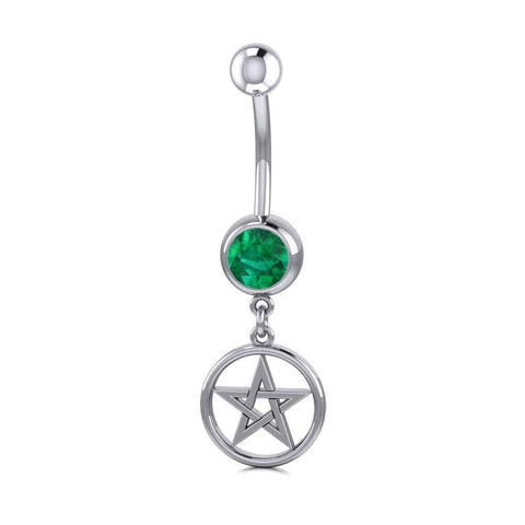 Sterling Silver Pentagram Pentacle Belly Button Bar - Emerald Glass