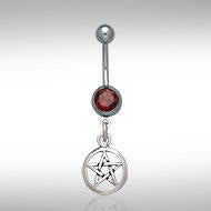 Sterling Silver Pentagram Pentacle Belly Button Bar - Synthetic Garnet