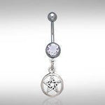 Sterling Silver Pentagram Pentacle Belly Button Bar - White Cubic Zirconia