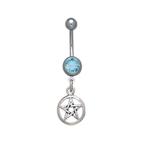 Sterling Silver Pentagram Pentacle Belly Button Bar - Synthetic Blue Topaz