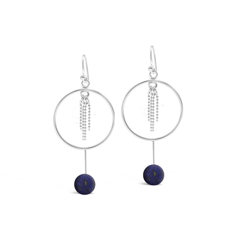 Lapis Lazuli Hoop with Chain Earrings #224 - Sterling Silver