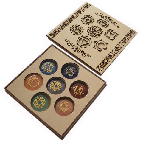 7 Chakra Engraved Crystal Stone Set in Wooden Gift Box