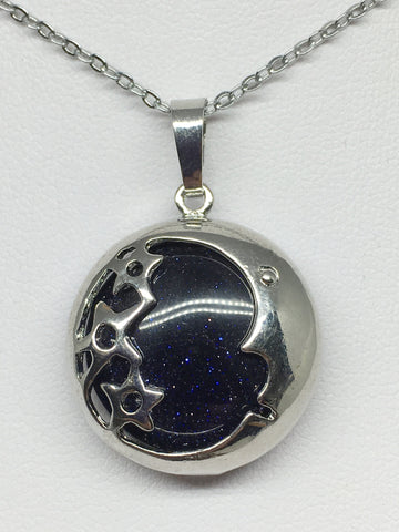 Moon & Stars Blue Goldstone Pendant - Silver Plated