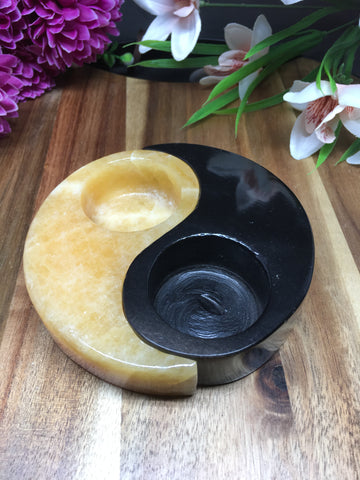 Yin & Yang Tealight Holder - Black Onyx & Orange Calcite