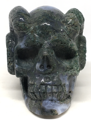 Moss Agate Geode Horned Skull #191
