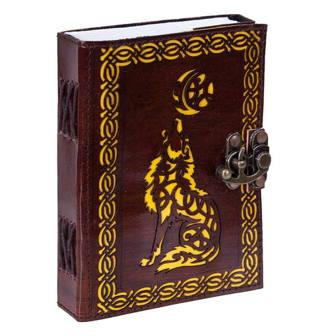 Yellow Wolf Leather Notebook /Journal /Book of Shadows - 12.7cm x 17.7cm