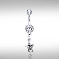 Sterling Silver Dragon Belly Button Bar - White Cubic Zirconia