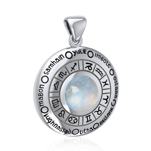 Wheel of the Year with Rainbow Moonstone Silver Pendant - Sterling Silver
