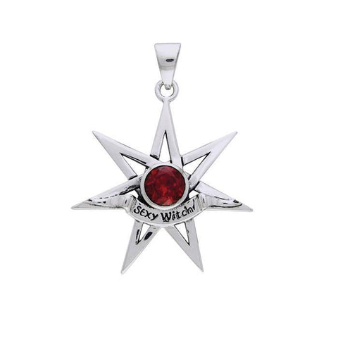 Sexy Witch Seven Pointed Star with Synthetic Ruby Pendant - Sterling Silver