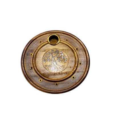 Tree of Life Round Wood Plate Incense Holder