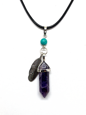 Amethyst DT with Feather Charm Cord Necklace
