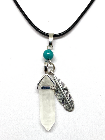Clear Quartz DT with Feather Charm Cord Necklace
