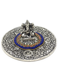 Ganesh with Red & Blue Stone Inlay Round Aluminum Incense Holder 11cm
