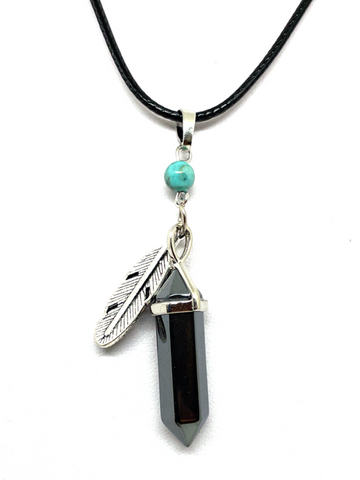 Hematite DT with Feather Charm Cord Necklace