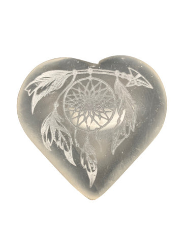 Selenite Heart Engraved with Dream Catcher - 8cm