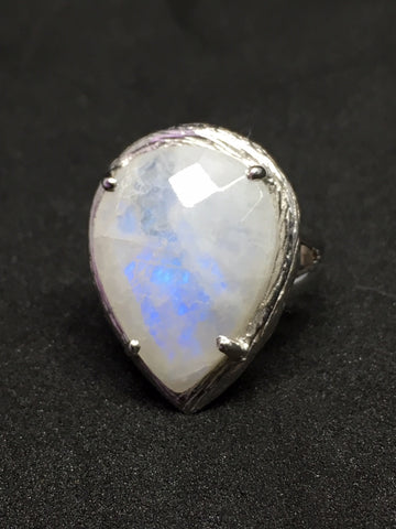 Rainbow Moonstone Rhod Sterling Silver Ring - Size 6