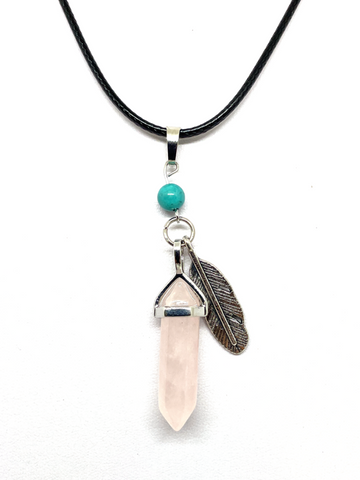 Rose Quartz DT with Feather Charm Cord Necklace