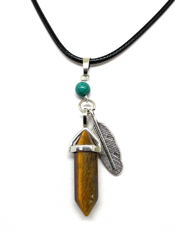 Tiger Eye DT with Feather Charm Cord Necklace
